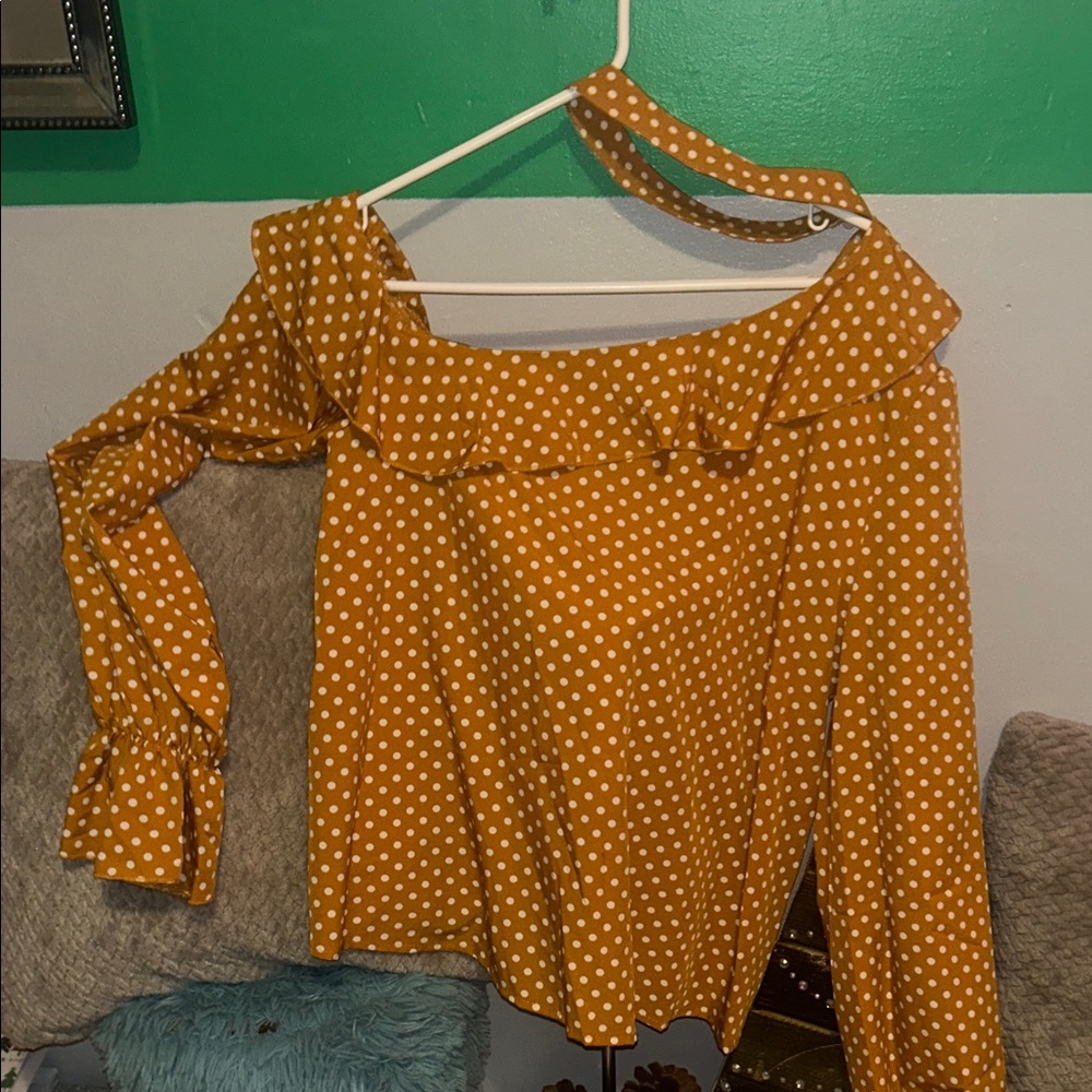 Chic SHEIN Mustard Polka Dot Ruffle Off Shoulder Blouse
